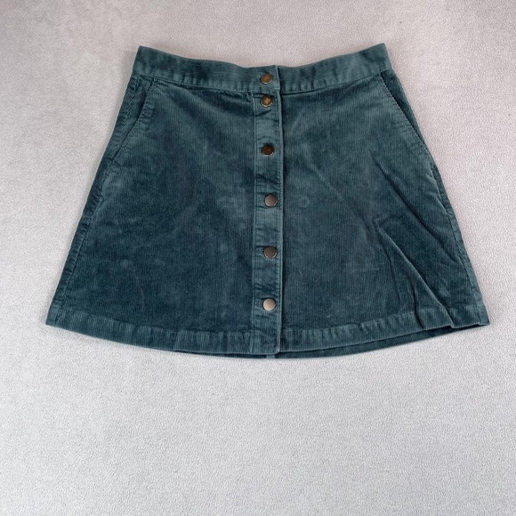 Uniqlo Skirt Womens Medium Green Corduroy Button Front A-Line Pockets Fall Chic - Picture 1 of 11